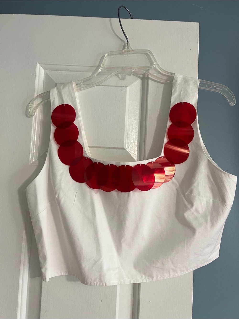 TCEC White Crop Top with Red Disc Accents